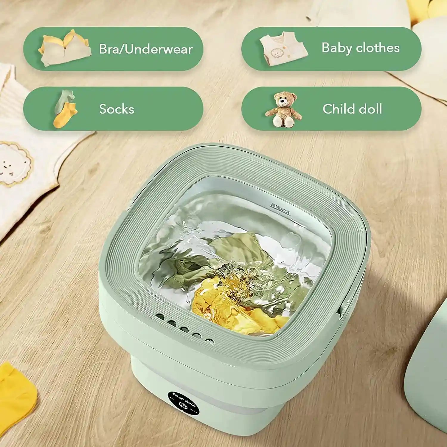 Compact ArabNest mini washing machine with a white exterior, transparent door, and control panel on top, ideal for small laundry loads.