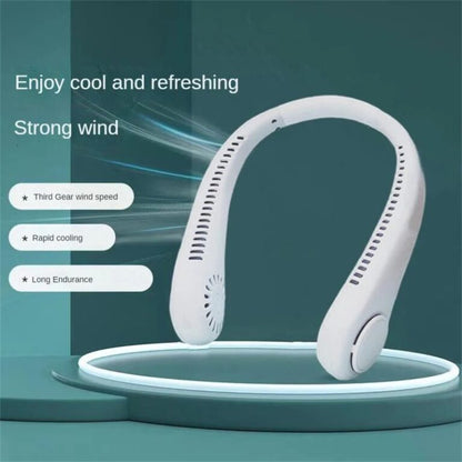 ArabNest Vaneless Neck Hanging Fan, rechargeable wearable fan shown on a person’s neck for hands-free cooling.
